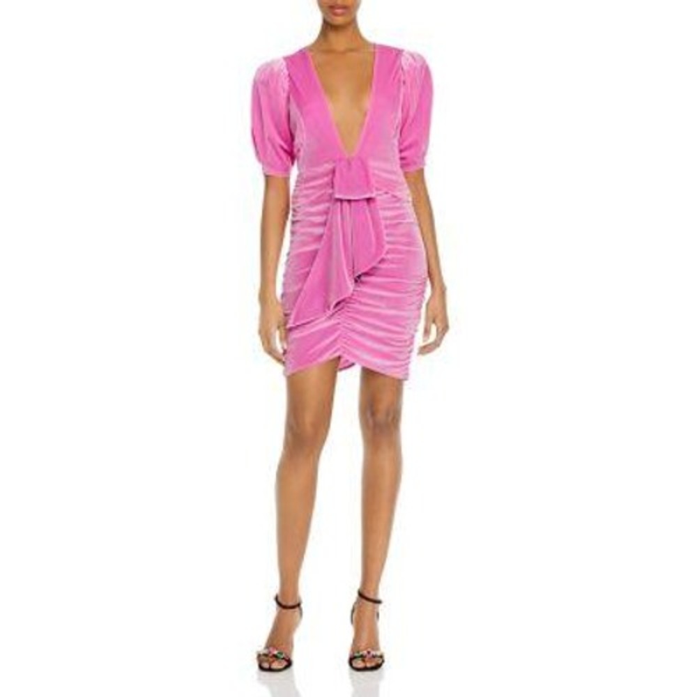 For Love & Lemons Velvet Mini Dress Pink Ruched Tie Front Puff Sleeve S